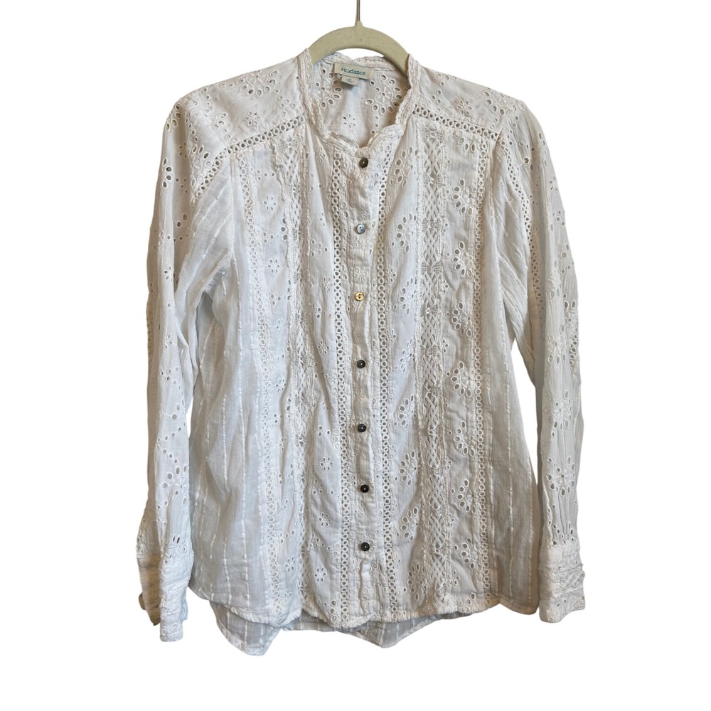 Sundance White Eyelet Lace Cotton Button Down Blouse Top Womens Medium Boho
